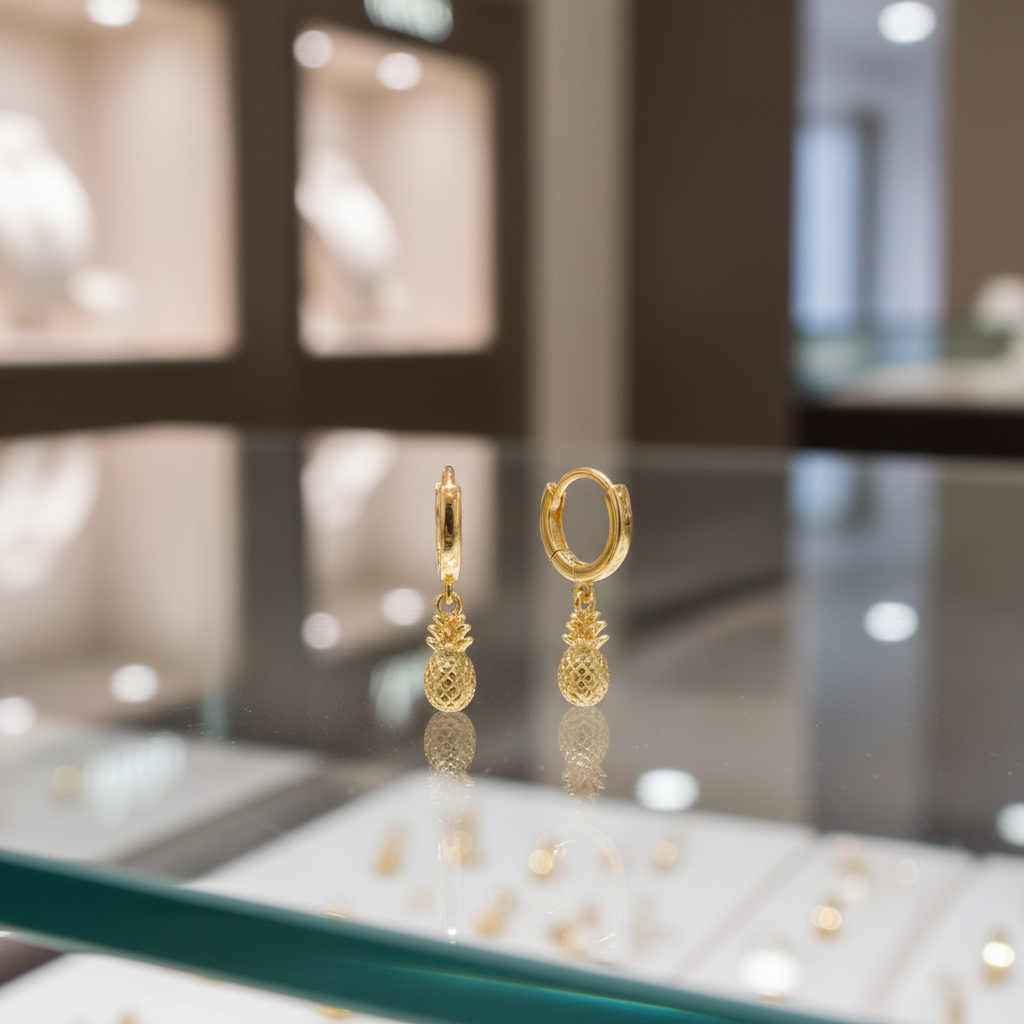 18K gold pineapple charm hoop earrings on glass counter display