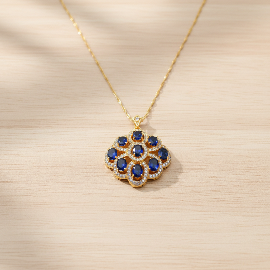 18K gold-plated necklace with zirconia on wood table