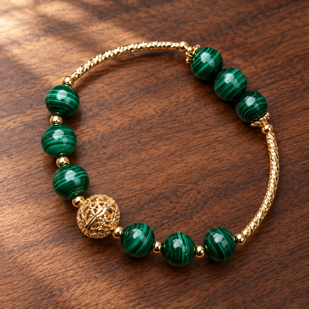 Malachite bead bracelet with gold-plated details on a wooden table