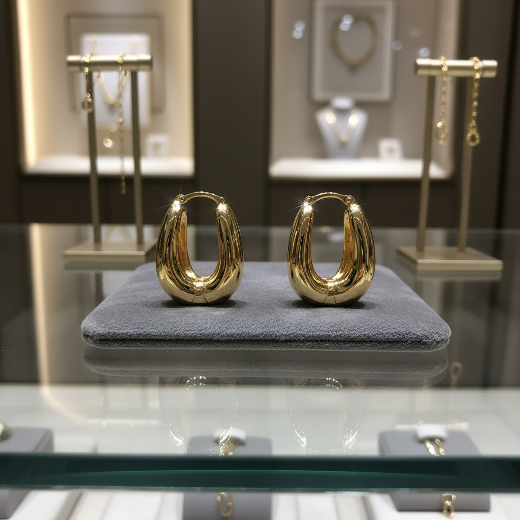 18K gold U-shape hoop earrings on glass counter display