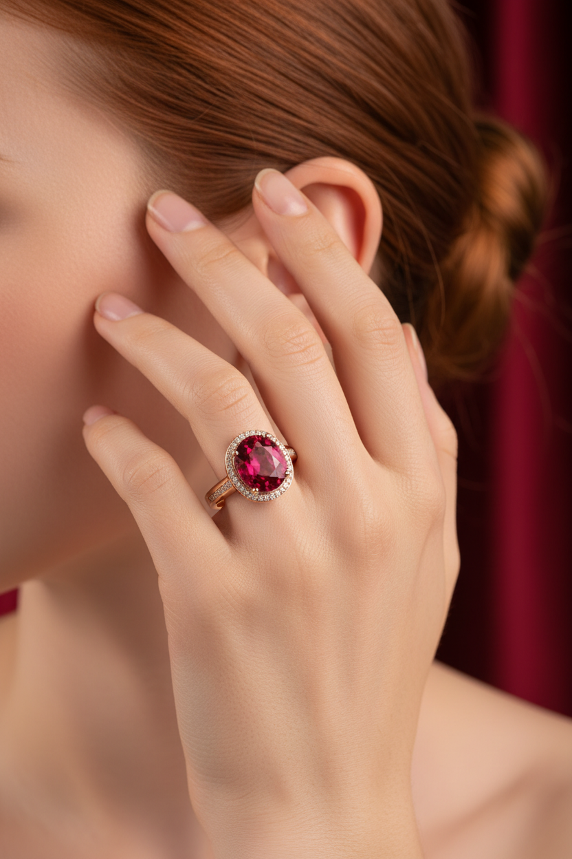 Modelo ruiva com coque usando o Ruby Crystal Diamond Ring