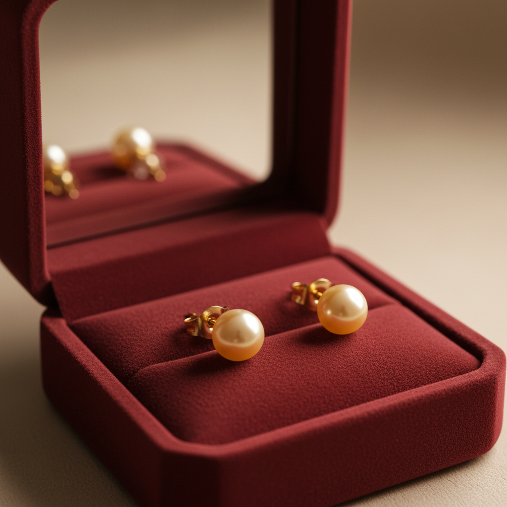 18K gold pearl stud earrings in luxury jewelry box with mirror