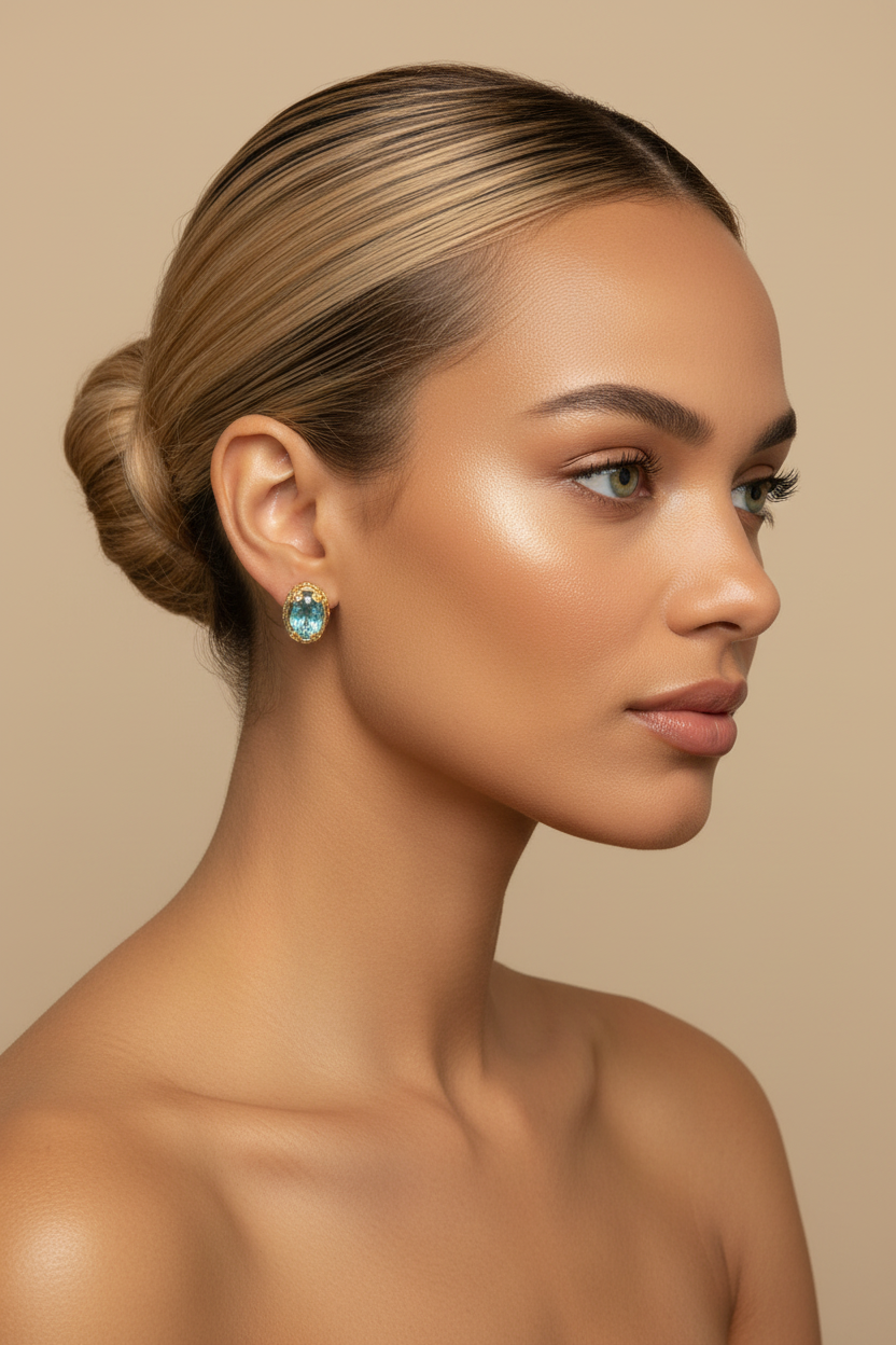 Mixed race woman right profile, blonde ballerina bun, green eyes, gold oval aquamarine zircon stud earrings