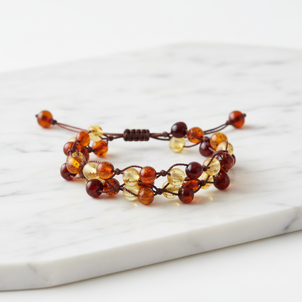 Natural amber hand-woven bracelet with multicolor beads on white marble surface