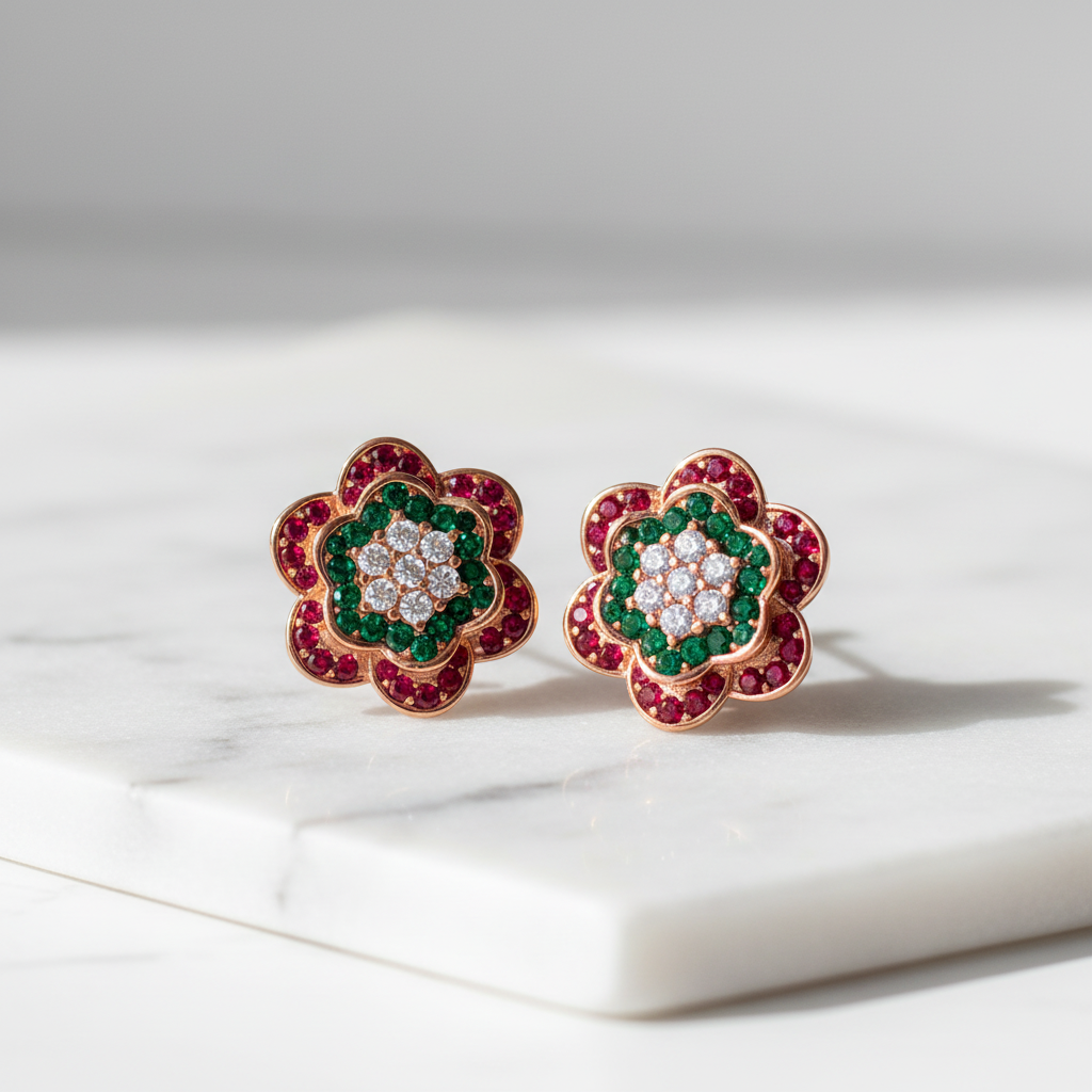 Flower zircon stud earrings in green red and white on white marble
