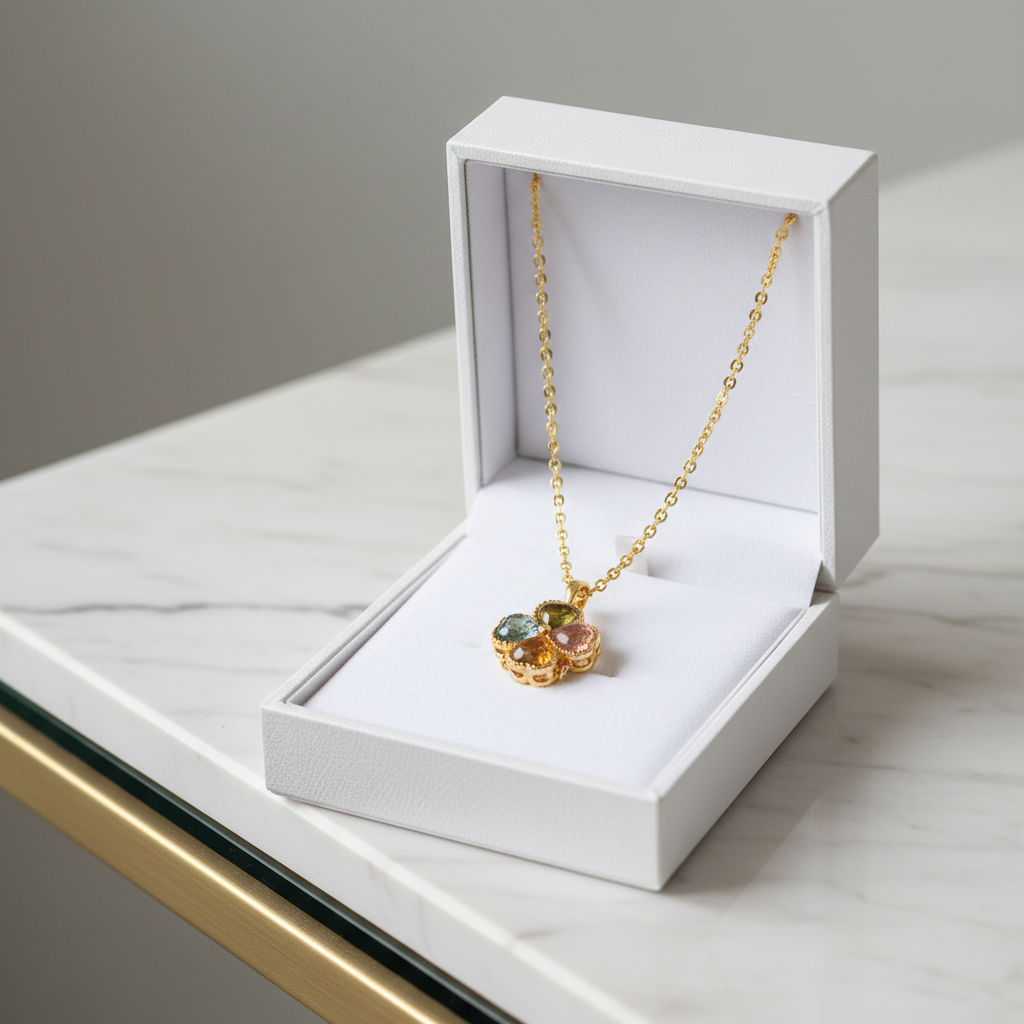 Tourmaline Four-Leaf Clover Necklace in white jewelry box on marble and glass table