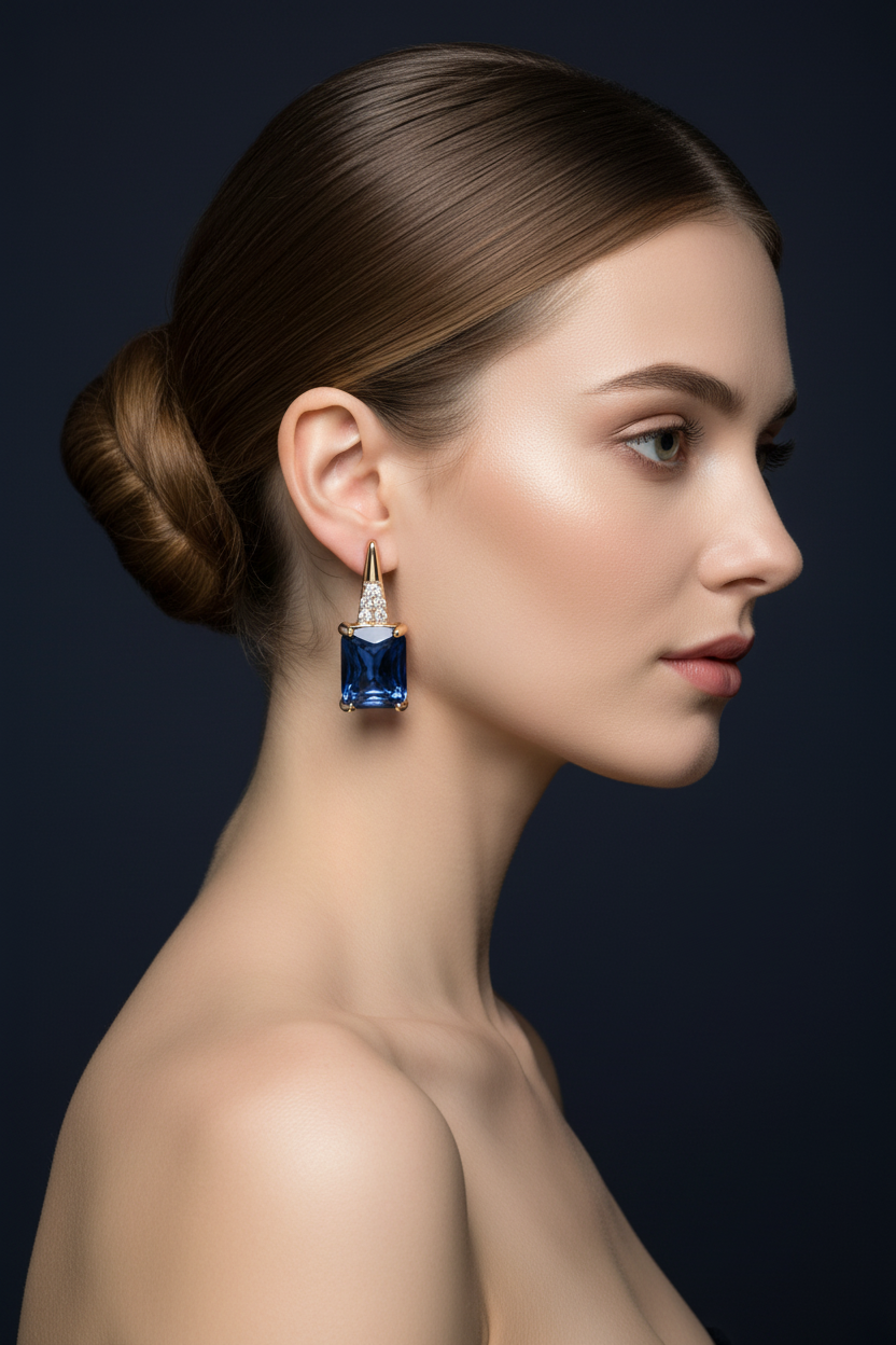 Woman right profile, light brown ballerina bun, champagne gold sapphire blue rectangle drop earrings