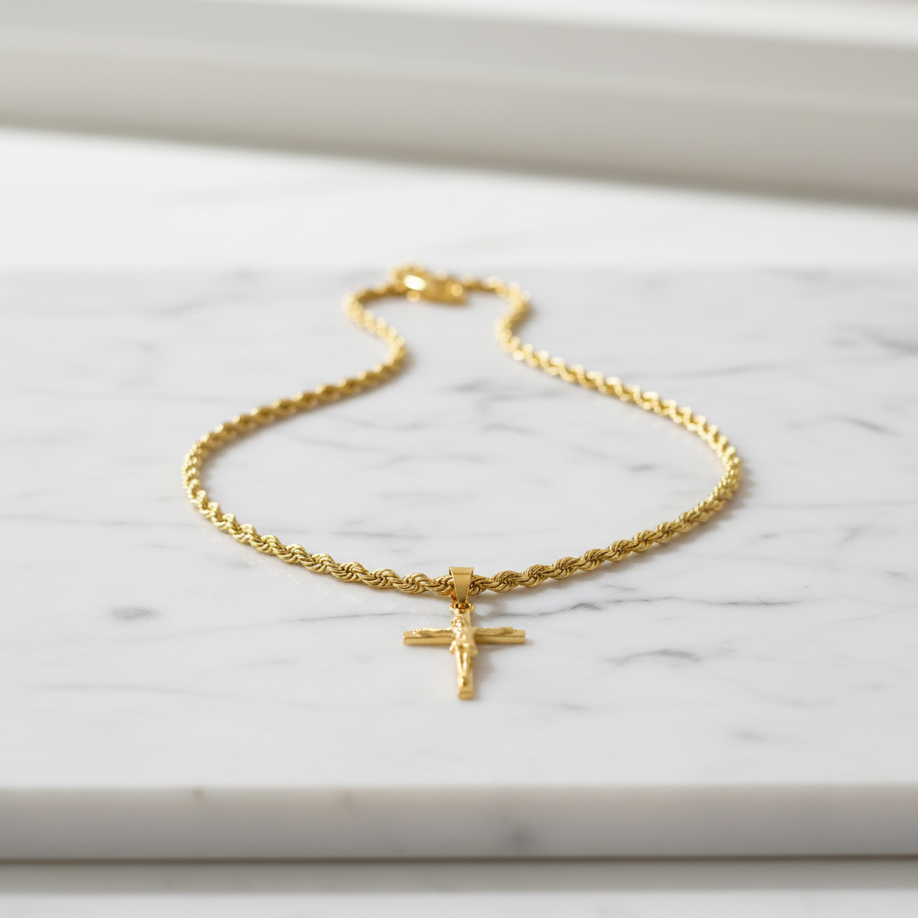 Gold crucifix rope chain necklace on white marble