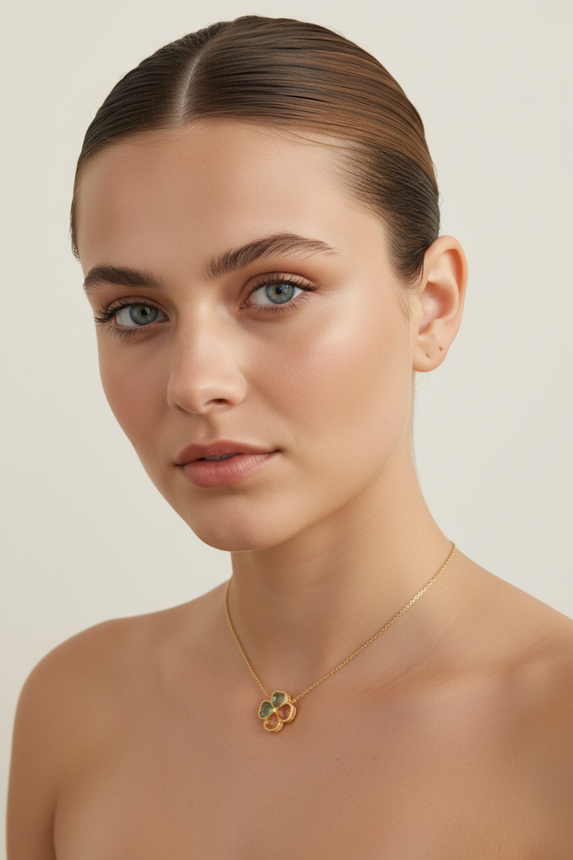 Model wearing Tourmaline Four-Leaf Clover Necklace – close-up 45 degree, neutral background