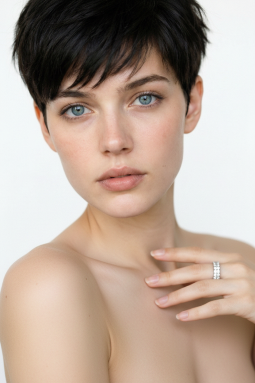 Woman with bare shoulders wearing moissanite sterling silver ring, hand on collarbone