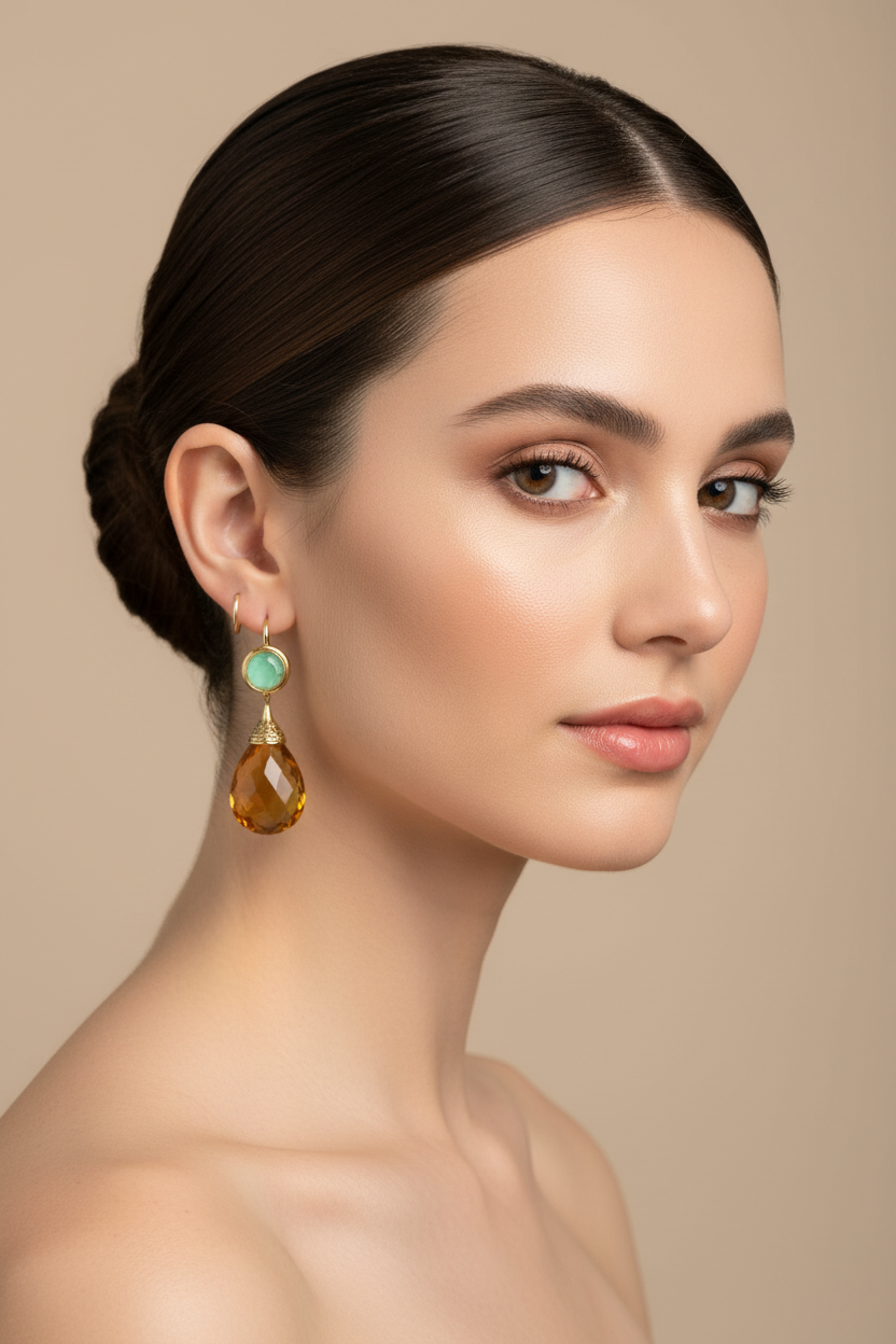 Model slightly facing forward with ballerina bun wearing gold waterdrop amber gemstone ear clips, beige background