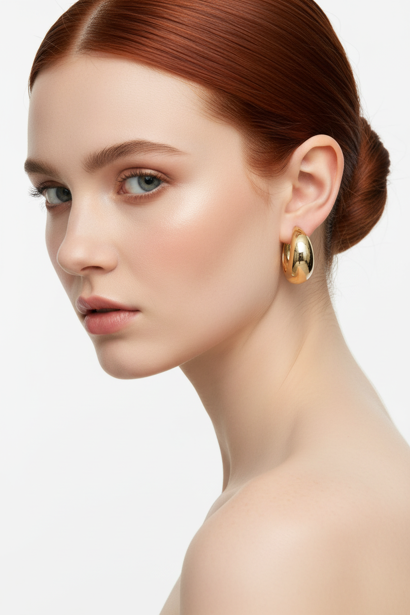 Redhead model with bun wearing chunky gold C-hoop earrings - 45 degree angle