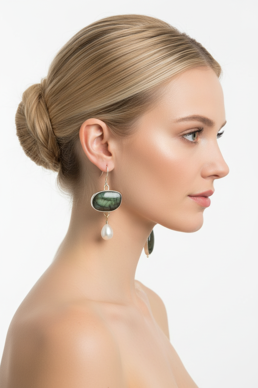 Blonde model with bare shoulders wearing asymmetric green labradorite and pearl drop earrings, right side profile