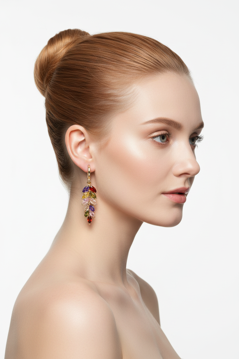 Redhead woman right profile, high ballerina bun, gold multicolor zircon leaf drop earrings
