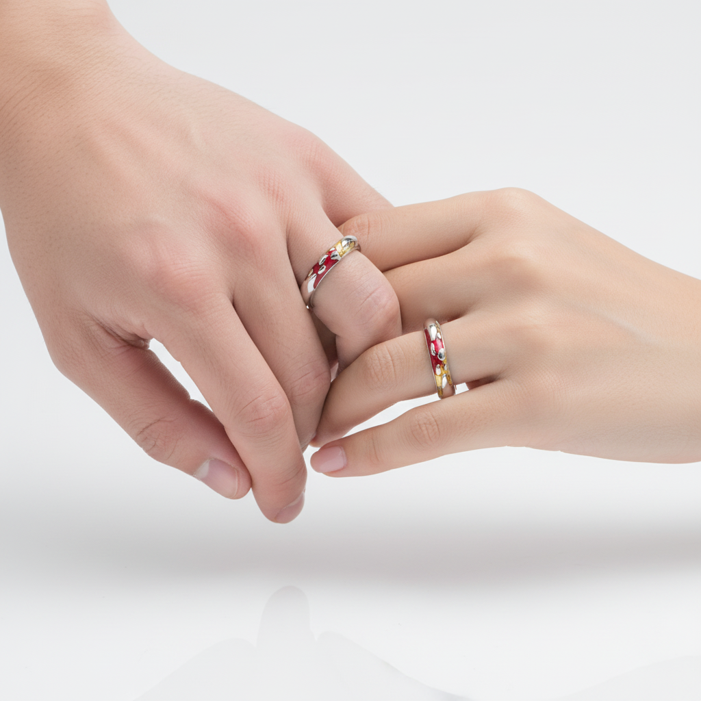 Mãos do casal usando o Simple Gold & Stone Couple Ring