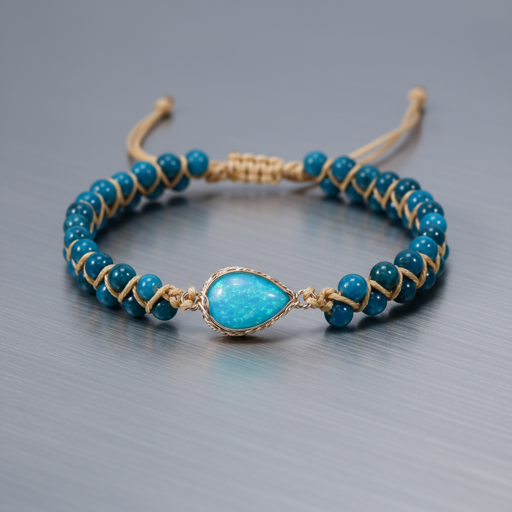 Teal blue natural stone bracelet on brushed steel surface