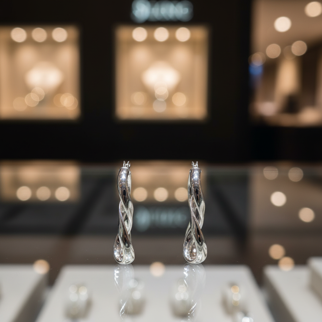 Silver infinity hoop earrings on jewelry store counter