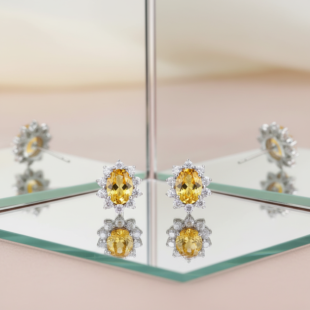 Citrine halo stud earrings on glass surface with mirror reflection