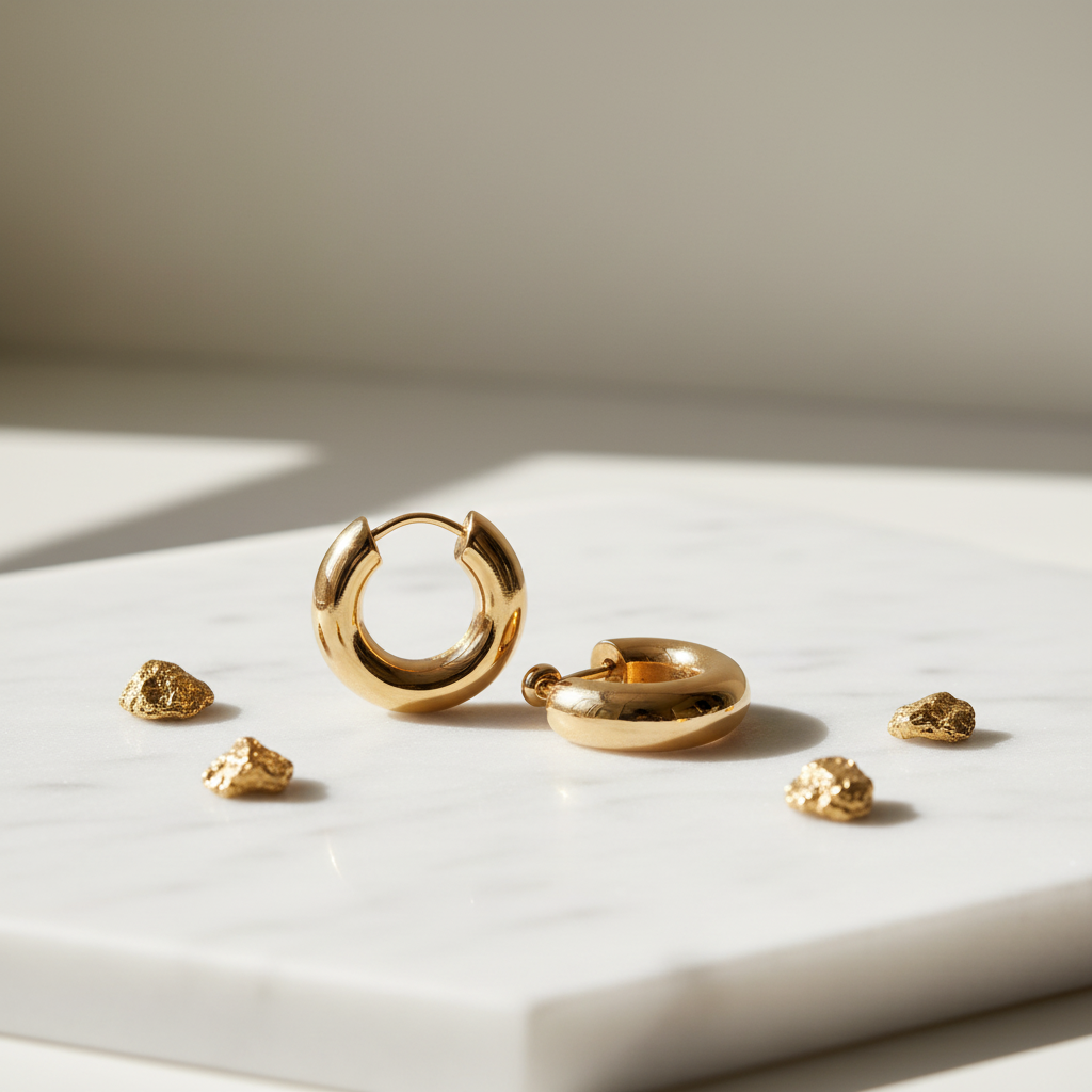 18K gold U-shape hoop earrings on white marble
