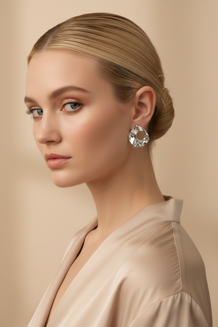 Blonde woman with ballerina bun wearing silver irregular waterdrop stud earrings, beige background