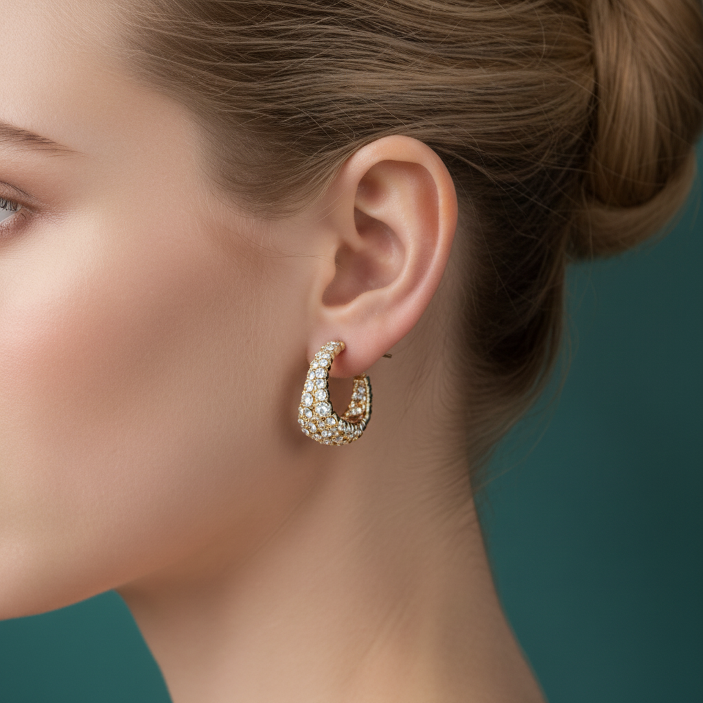 Extreme close-up of model's ear wearing gold crystal rhinestone hoop earring