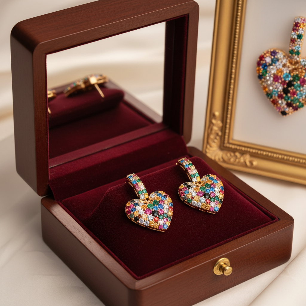 Colorful zircon heart earrings in jewelry box with mirror