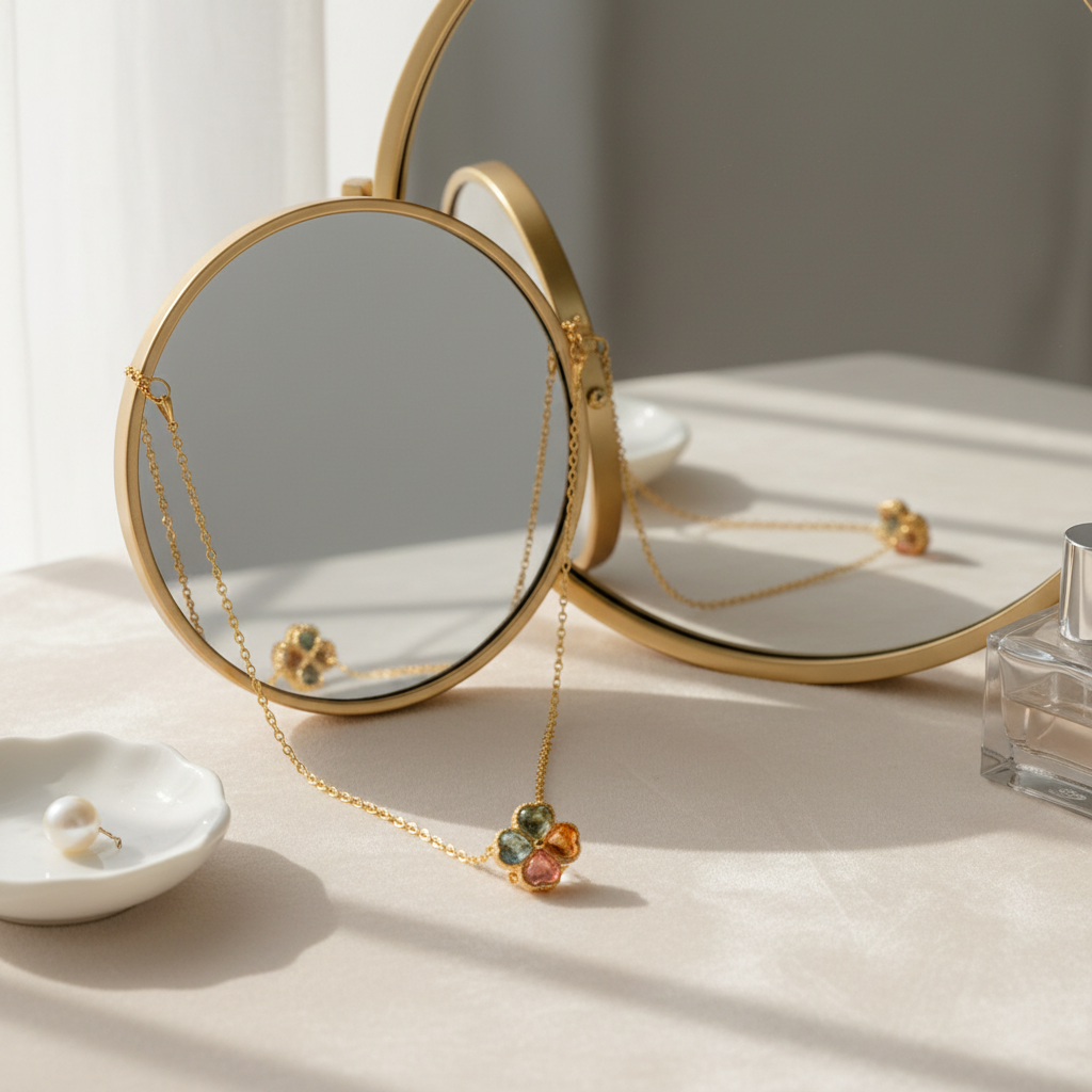 Tourmaline Four-Leaf Clover Necklace in front of mirror with reflection