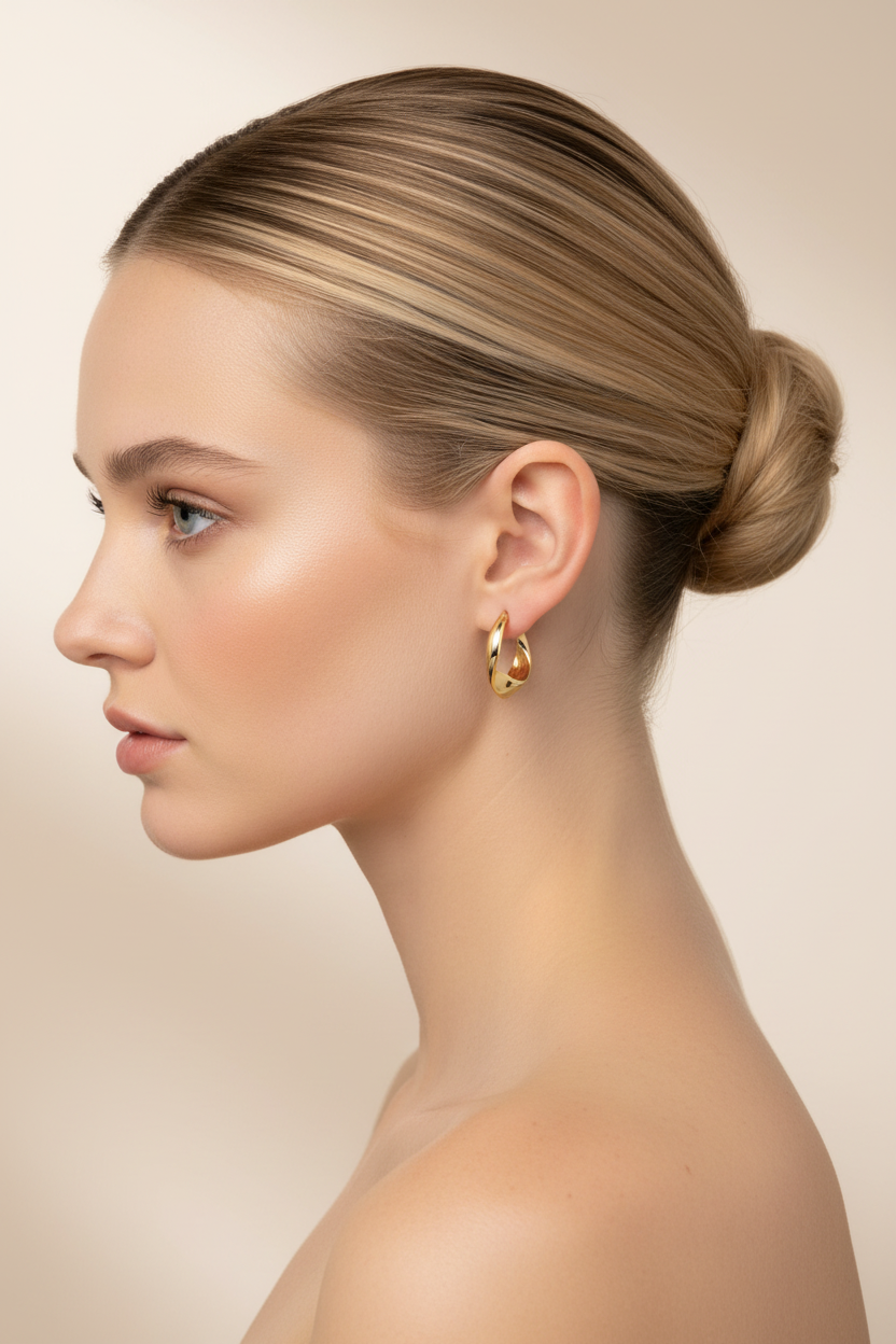 Glossy Twisted Huggie Earring – Blonde Model Side Profile Editorial
