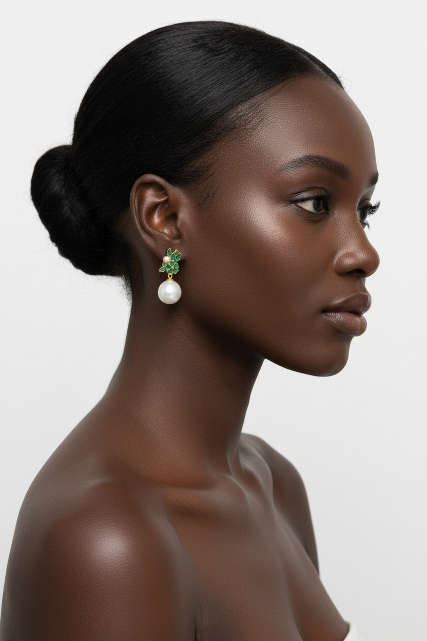Black woman right profile, ballerina bun, gold enamel green jade pearl flower drop earrings