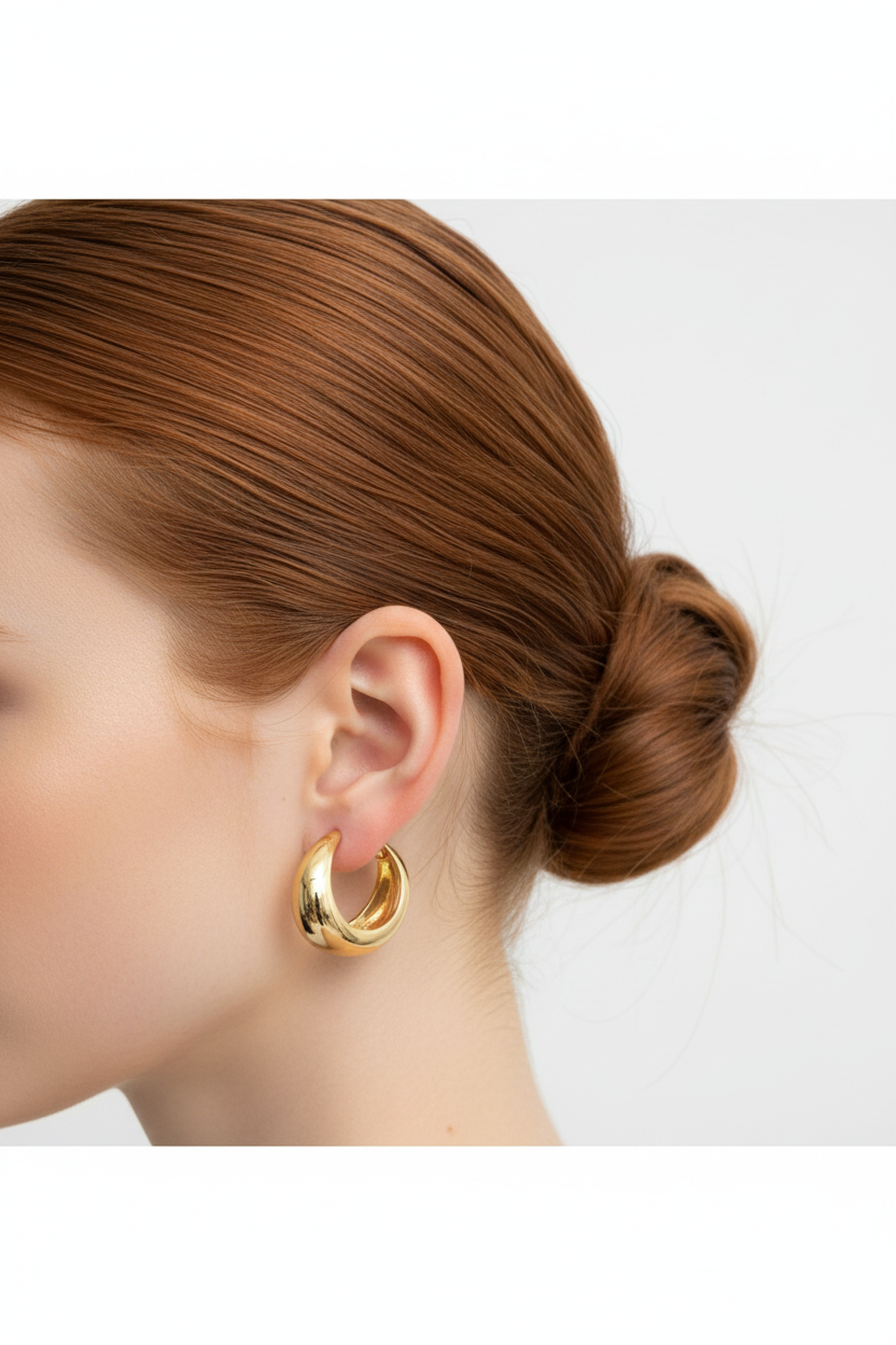 Redhead model with bun wearing chunky gold C-hoop earrings - ear detail