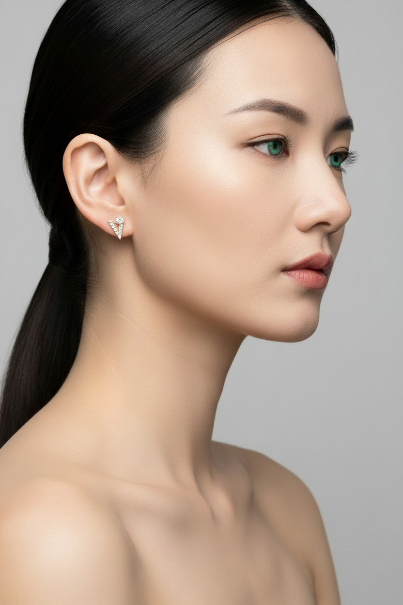 Ballerina bun model with aqua green eyes wearing gold geometric diamond stud earrings, left side profile