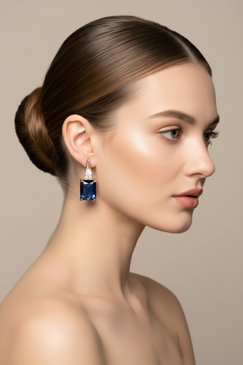 Woman right profile, light brown ballerina bun, beige background, champagne gold sapphire blue rectangle drop earrings
