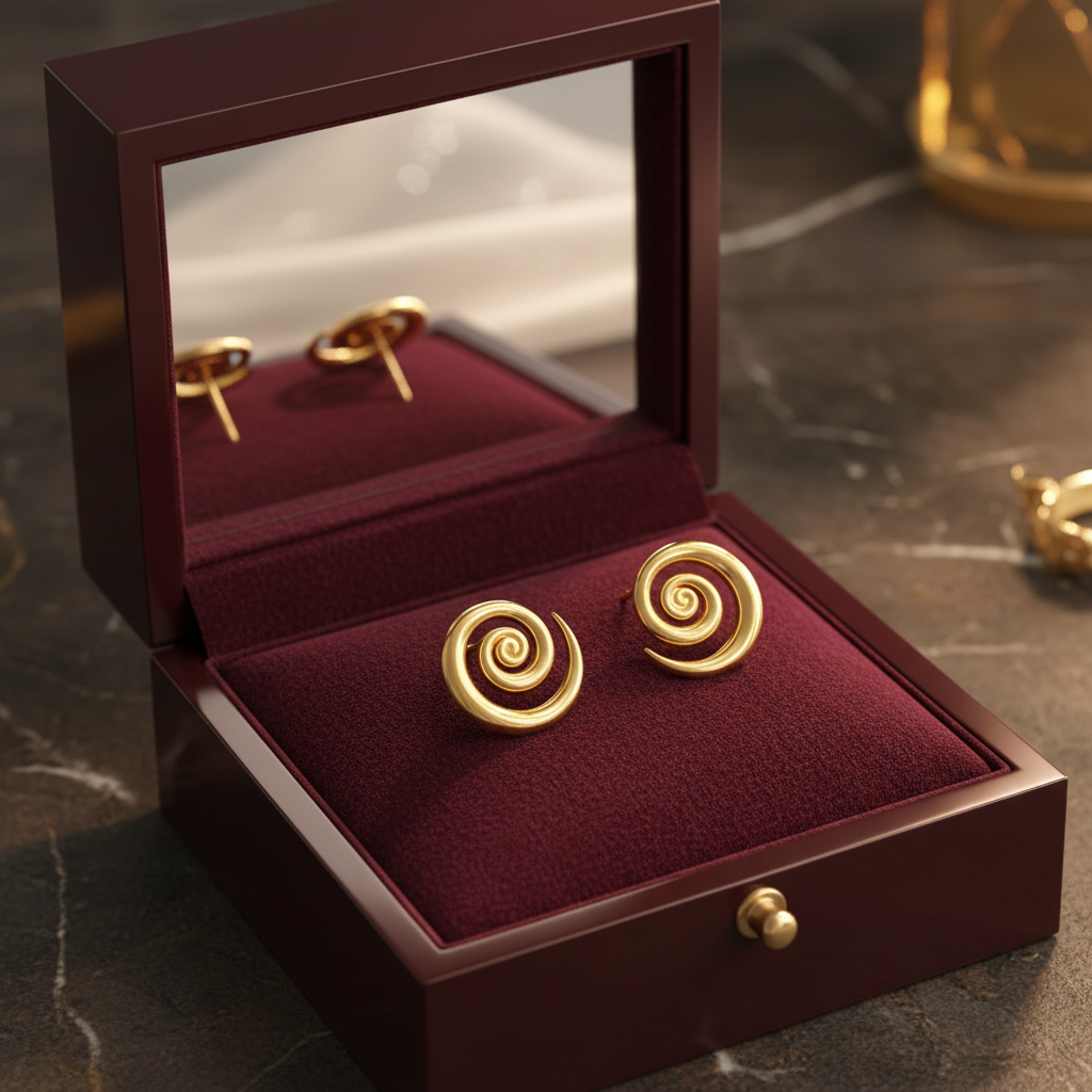 Gold geometric spiral swirl earrings in luxury jewelry box with mirror