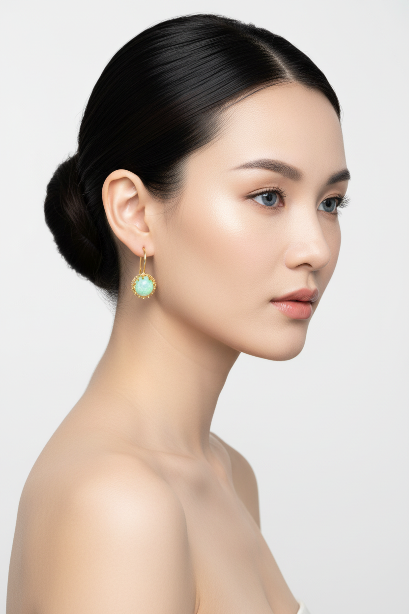 Asian woman right profile, ballerina bun, blue eyes, gold crown moonstone drop earrings
