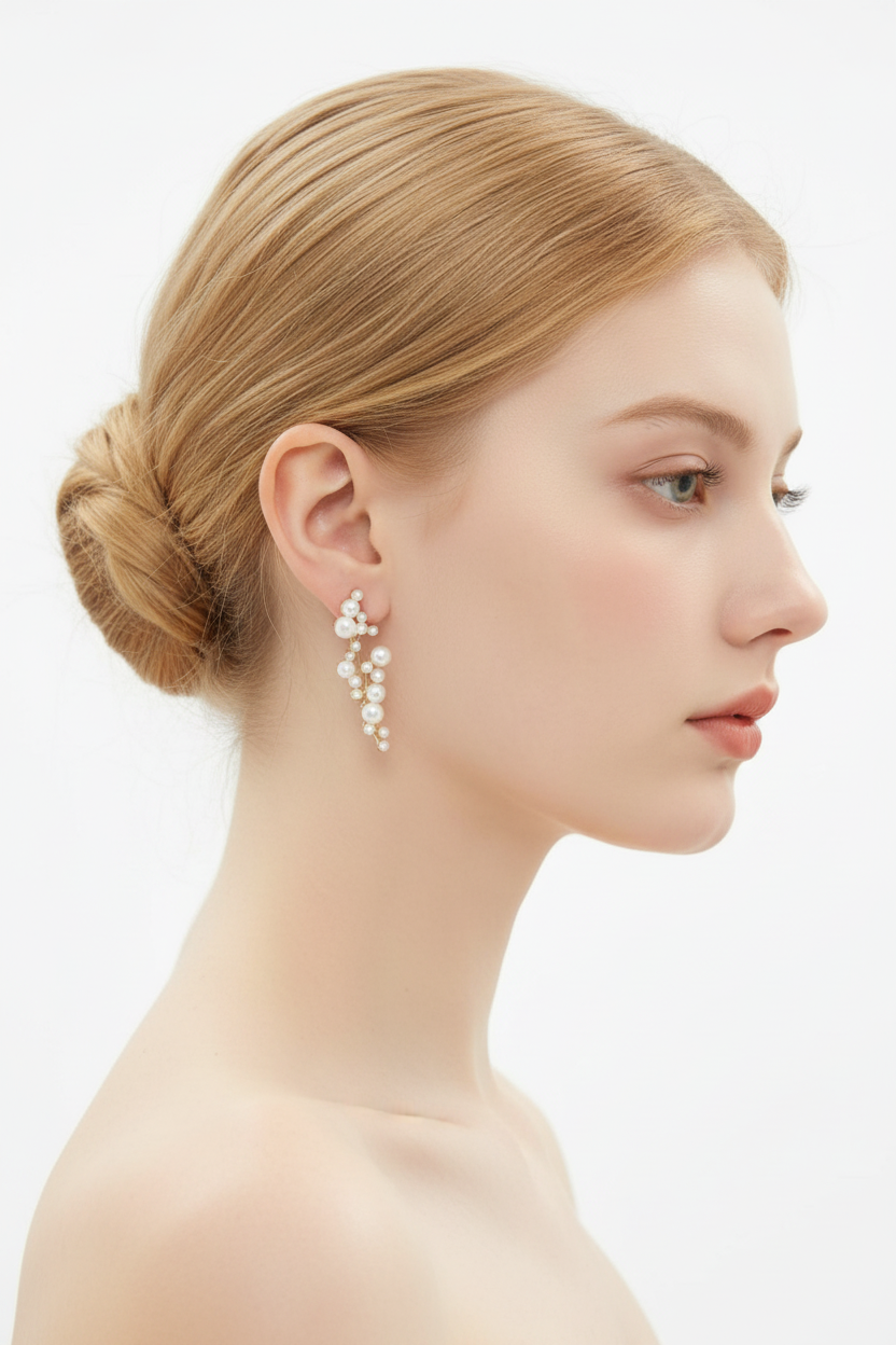 Woman right profile, ballerina bun, cascading pearl and crystal drop earrings