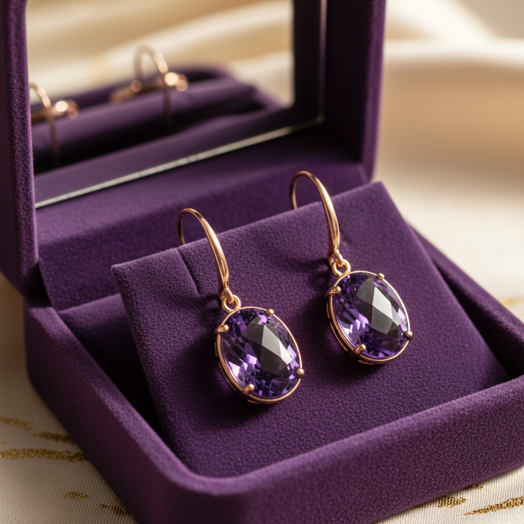 Purple crystal gemstone hook earrings in luxury jewelry box with mirror