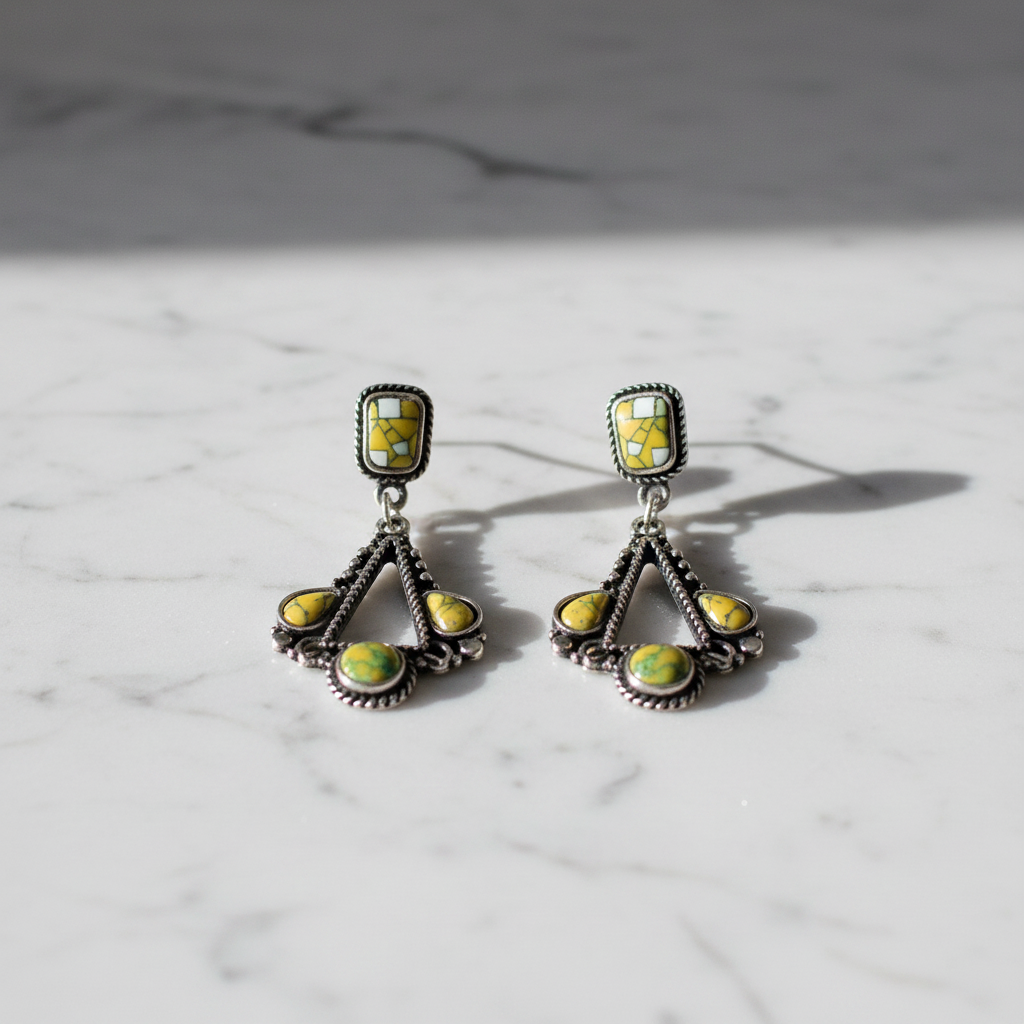 Ancient silver turquoise mosaic dangle earrings on white marble