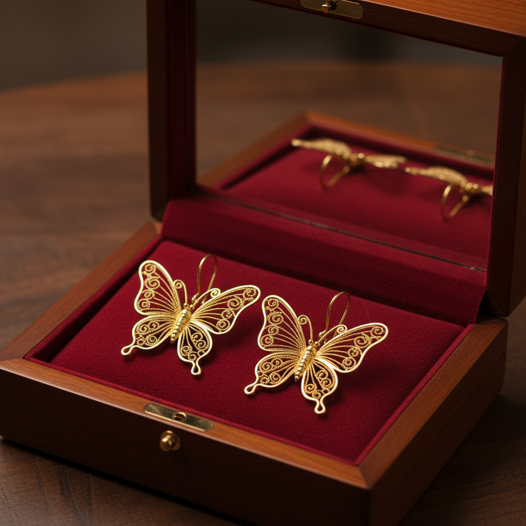 24K gold butterfly filigree earrings in luxury jewelry box with mirror