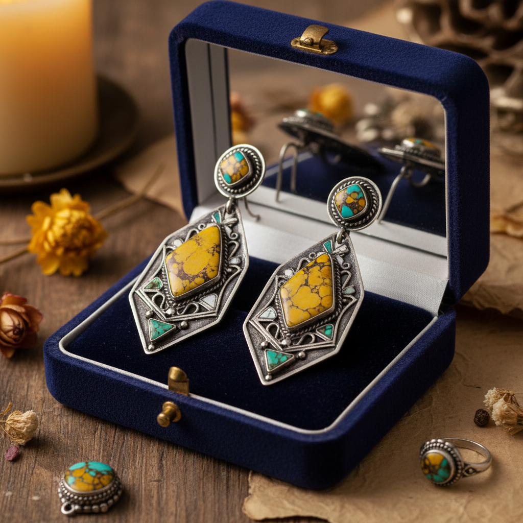 Ancient silver turquoise dangle earrings in luxury jewelry box