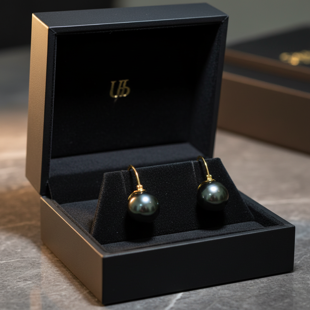 18K gold black Tahitian pearl ear clips in luxury jewelry box