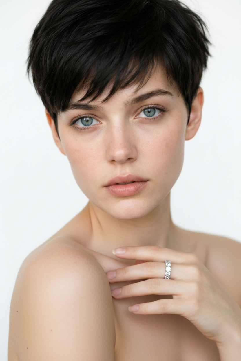 Woman with bare shoulders wearing moissanite sterling silver ring, hand near face