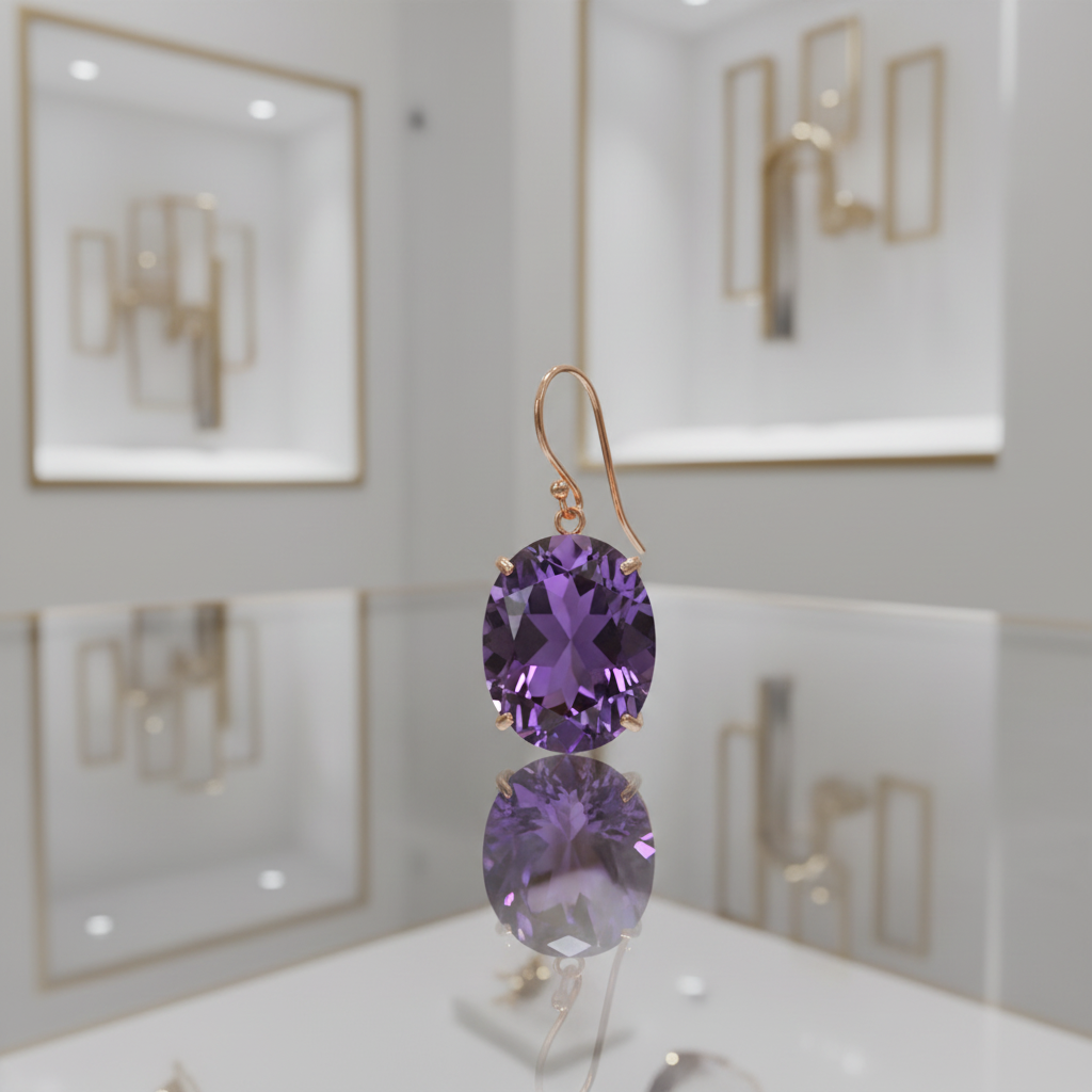 Purple crystal gemstone hook earrings on glass counter display