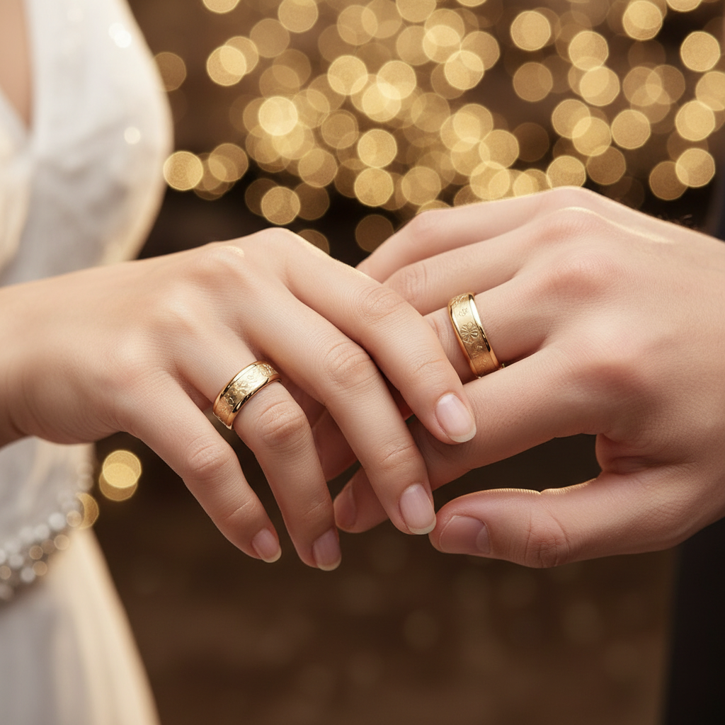 Casal usando o Gold Mirror Floral Couple Ring