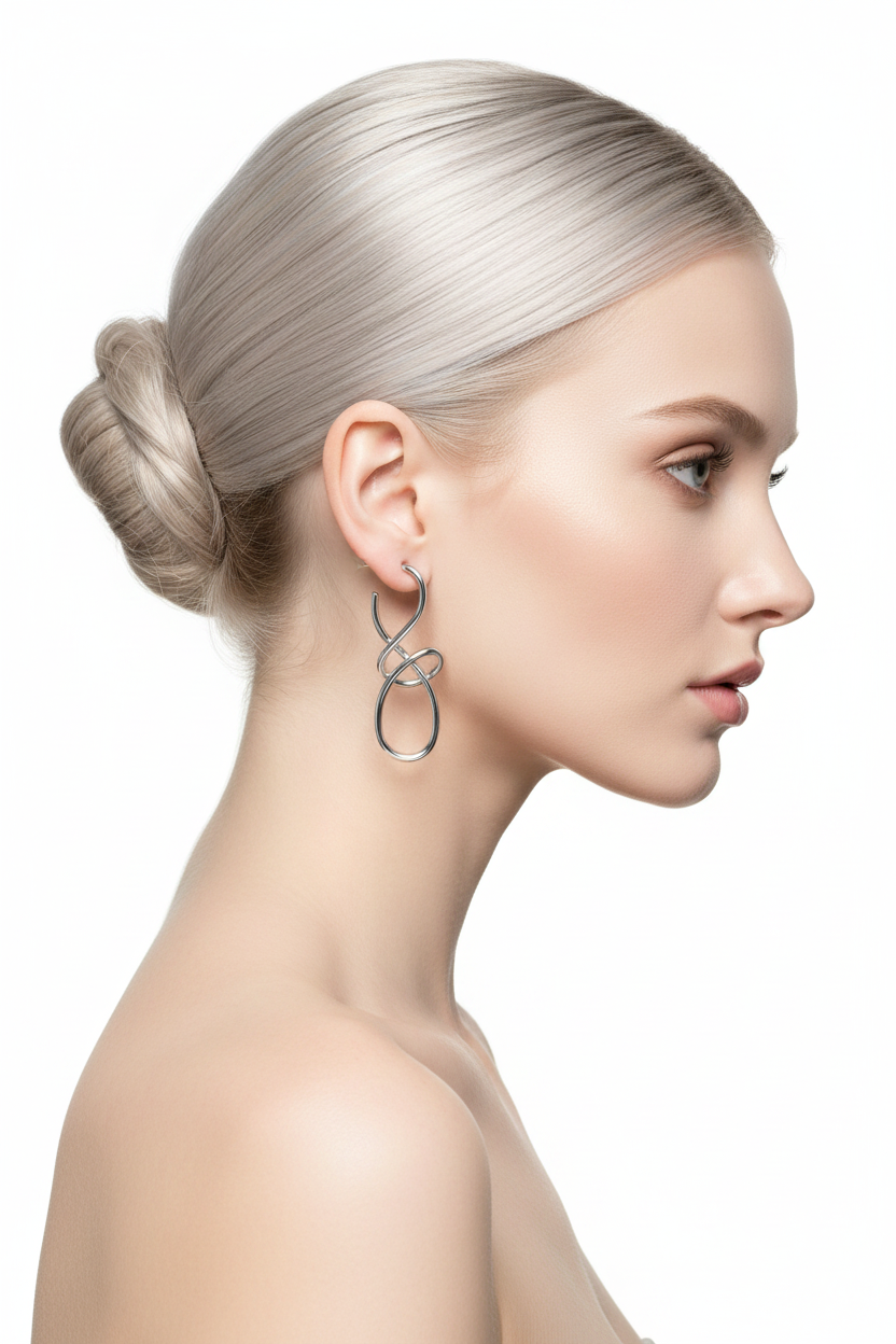 Platinum blonde model with bun wearing silver infinity knot wire earrings - side profile