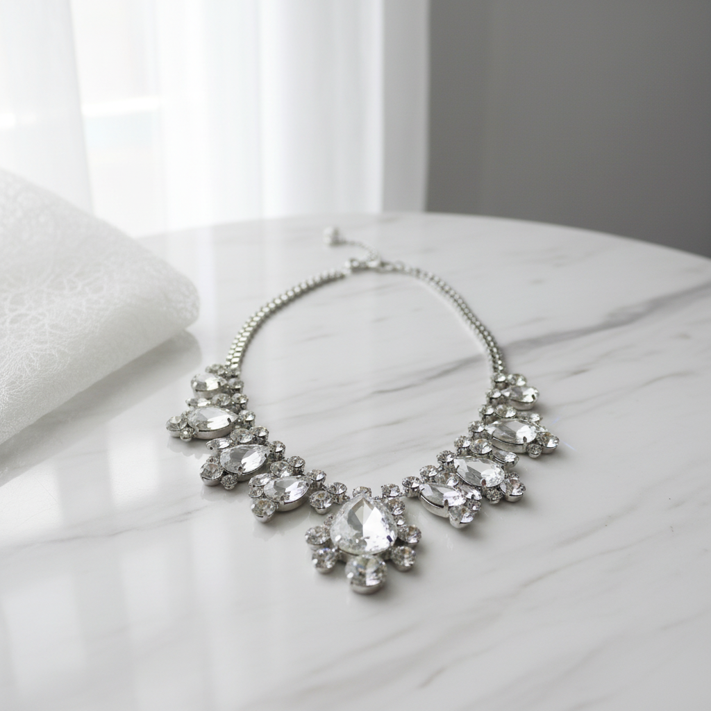 Crystal rhinestone statement choker on white marble