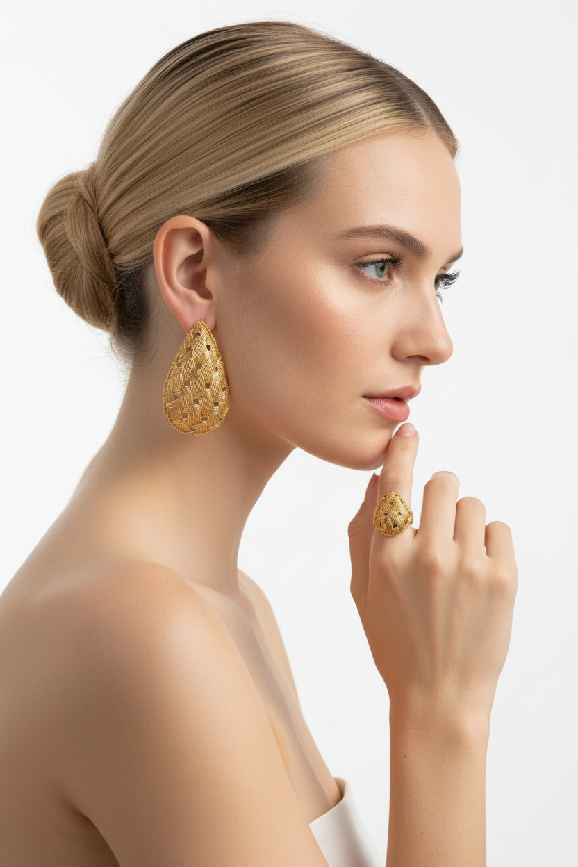 Woven Gold Set – Drop Earrings & Ring