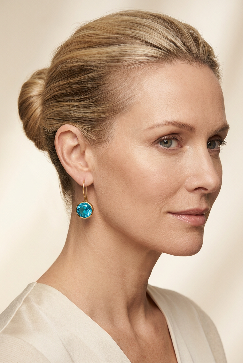 Model wearing blue and gold faceted stone drop earrings