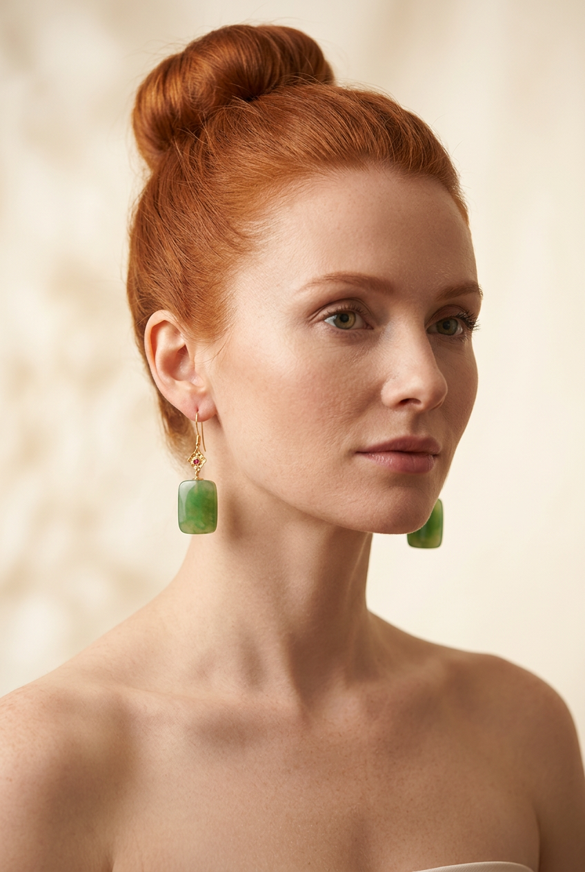 Modelo ruiva com coque de bailarina e ombros nus usando os brincos verdes